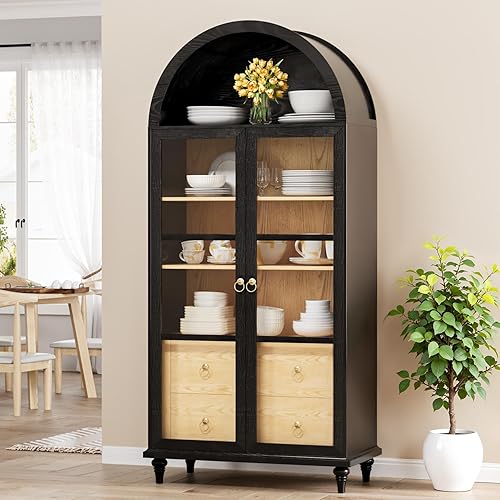 YESHOMY 71" Tall Arched Cabinet, Kitchen Pantry Storage Cabinets with Large Drawers, Shelves and Glass Doors, Modern Display Bookcase for Living Room, Dining Room (Black)