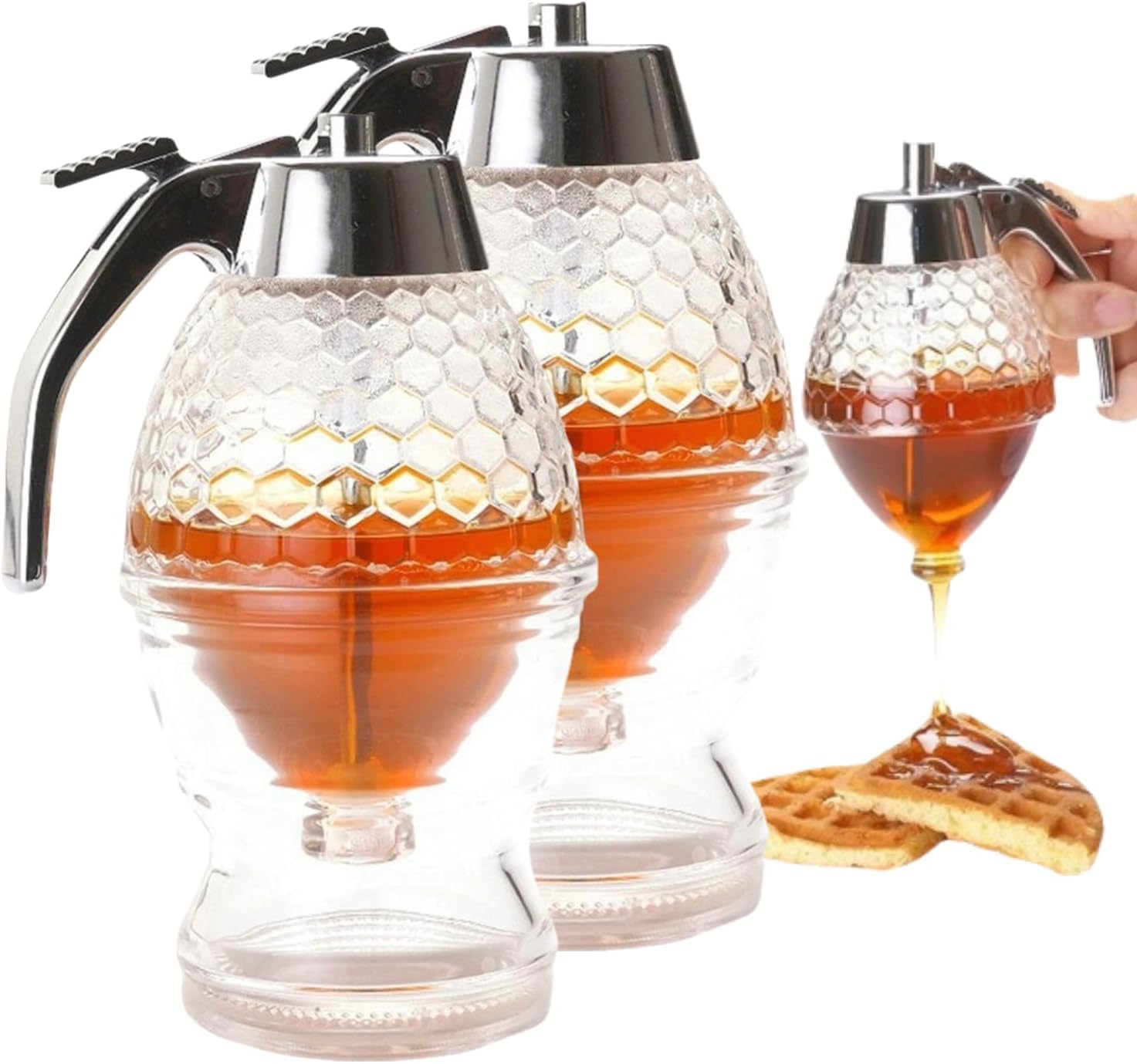 Easy Honey Dispenser Kettle, 2024 Upgrade Acrylic Honey Dispenser No Drip Syrup Dispenser with Stand, Ease to Ues High Capacity Transparent Honey Jar Container Kitchen Gadgets (2pcs)