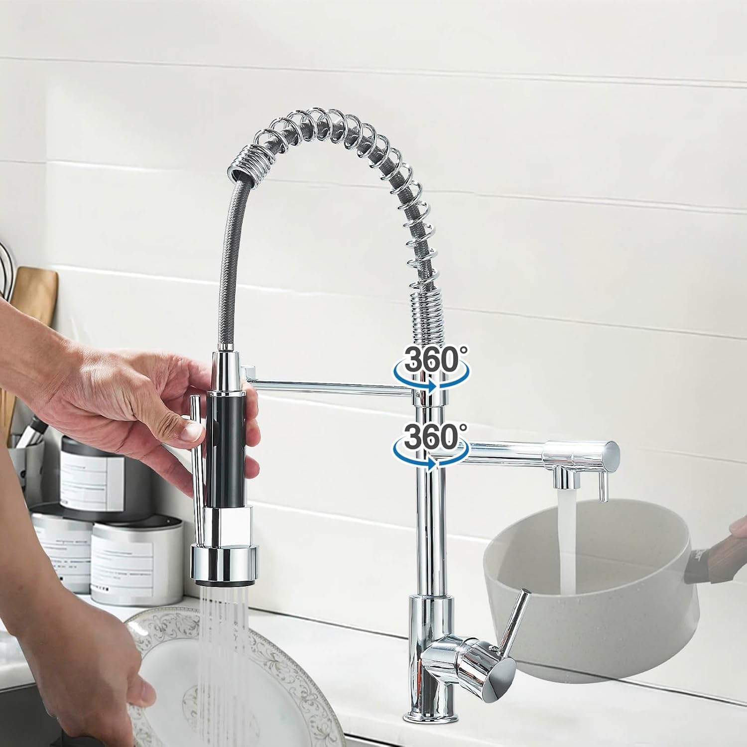 Robinet de cuisine Pivotant à 360° Mitigeur monocommande 2 jets Avec Pulvérisateur Double Fonction,Laiton Chromé