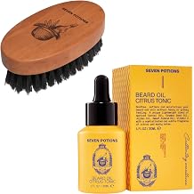 SEVEN POTIONS Boar Bristles Beard Brush Firm Bristles and Beard Oil Citrus Tonic Natural Ingredients - Soft Beard And Skin With Less Beard Itch