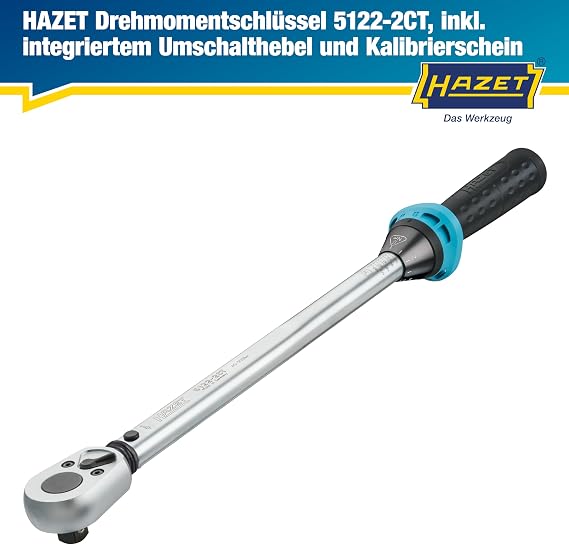 Hazet Drehmomentschlüssel 5122-2CT I Abtrieb: Vierkant 125 mm 1/2 Zoll Toleranz: 4% 32 Zähne Betätigungswinkel 1125 Grad I anwenderfreundliche Umschaltknarre für Auto und Fahrrad I 519mm