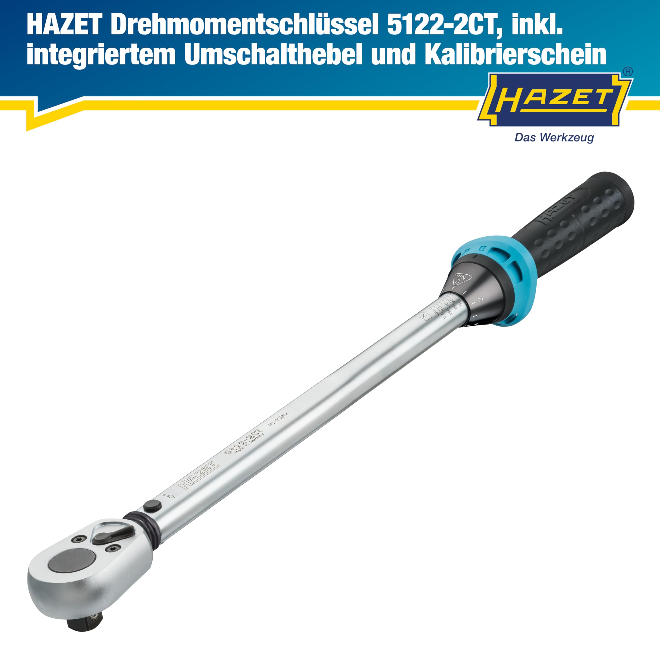 Hazet Drehmomentschlüssel 5122-2CT I Abtrieb: Vierkant 12,5 mm, 1/2 Zoll, Toleranz: 4%, 32 Zähne Betätigungswinkel 11,25 Grad I anwenderfreundliche Umschaltknarre für Auto und Fahrrad I 519mm