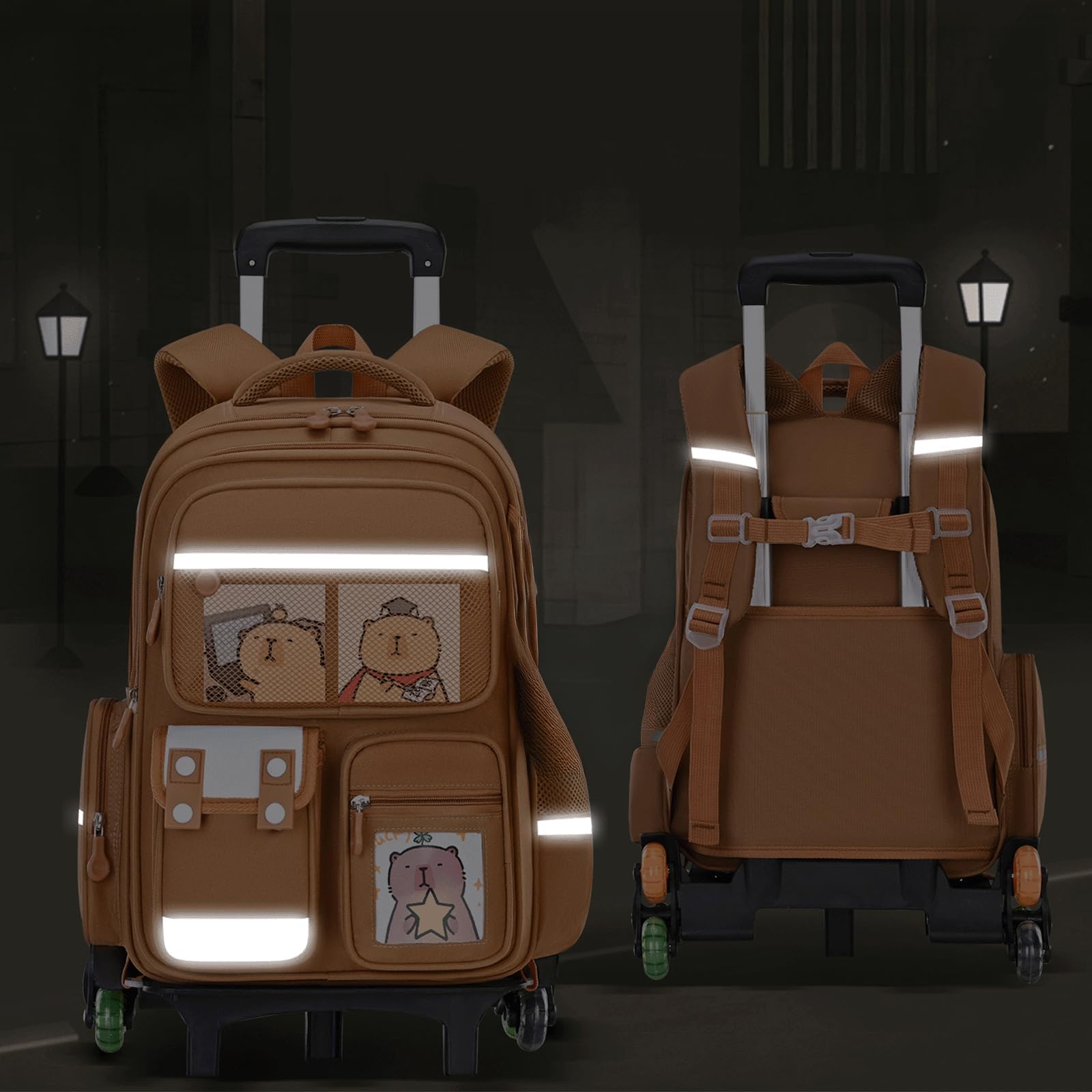 Zaino Trolley Scuola Elementare Motivo Capibara 12 Pezzi Zaino Scolastico Smontabile Riflettente Resistente All'Acqua Per Bambini Bambine Classi 2-6 (Marrone)