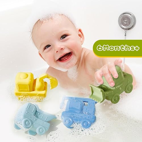 Miniatura 2 de Juguetes de baño para bebés sin moho, paquete de 4 juguetes de baño de silicona  Camión y juguetes de construcción  Suave, exprimible y flotante en