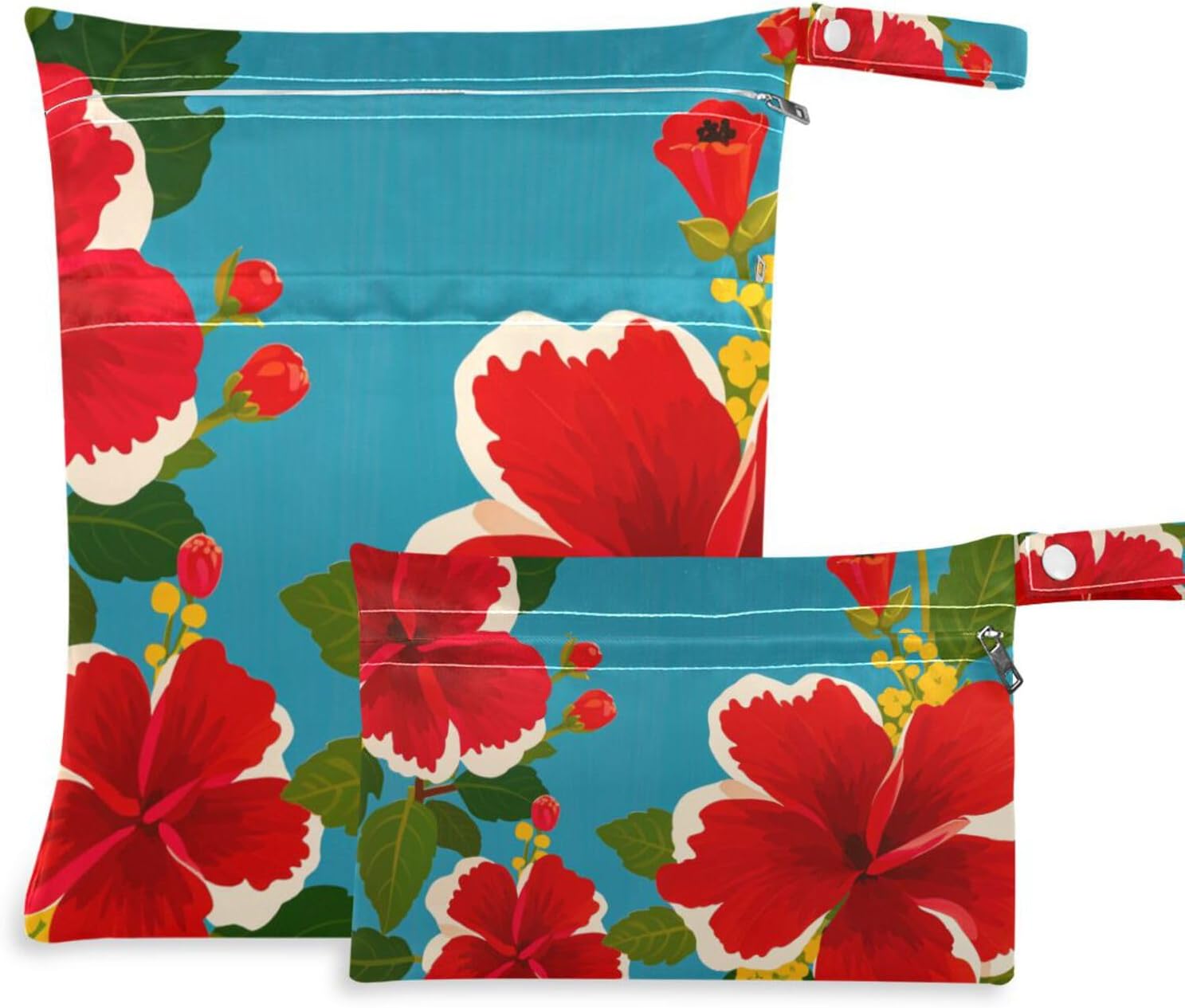 Red Hawaiian Summer Flowers zippered bags for cloth 2 Pack wet bag for swimsuit with handles for beach, daycare