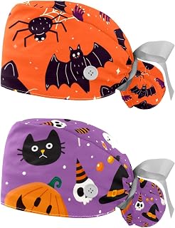 Scrub Cap Women, 2 Packs Halloween Ghost Pattern Bouffant Hat with Ponytail Pouch, Cotton Working Hat Sweatband