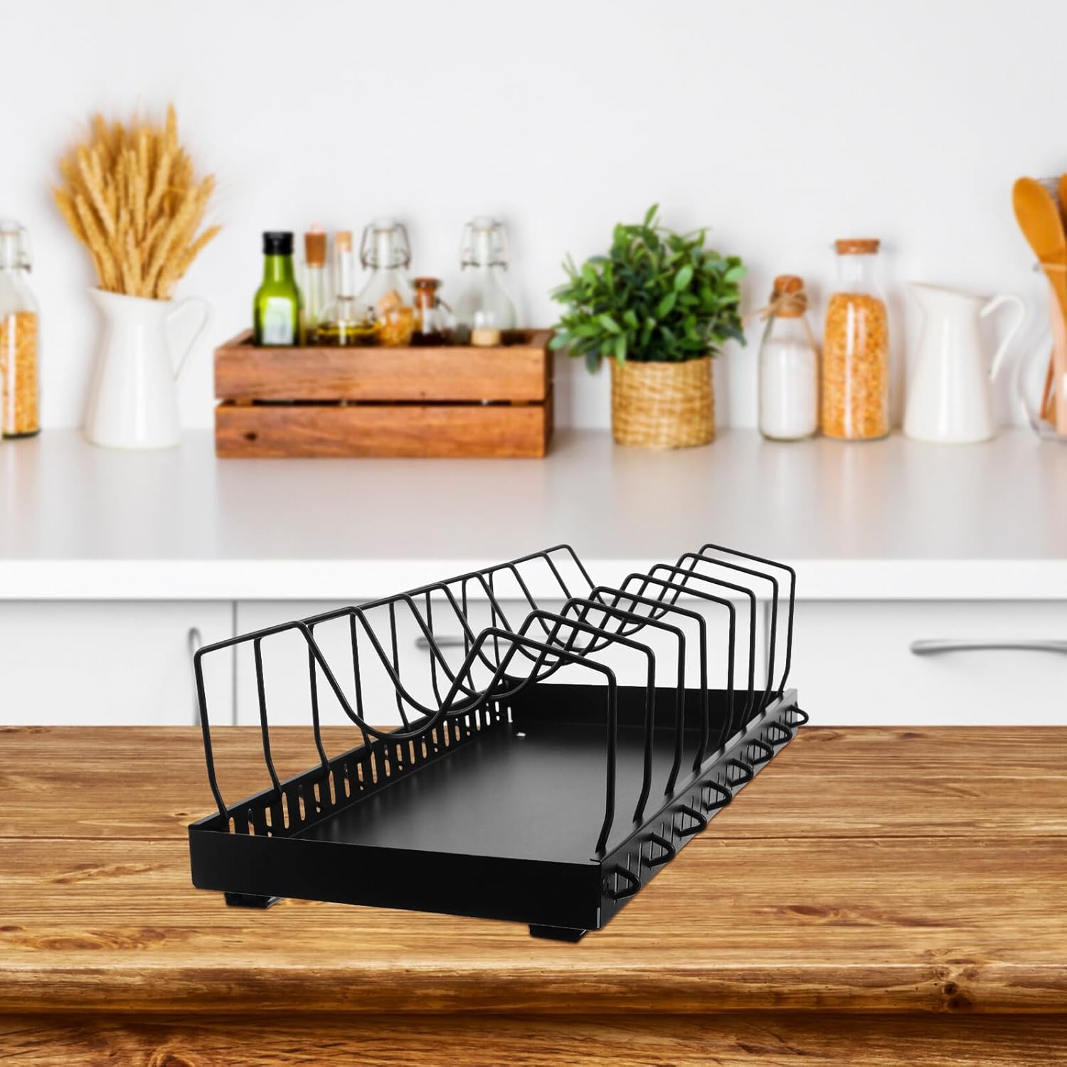 Adjustable Sliding Pot Lid Organizer Rack with 7 Dividers 42cm Kitchen Cabinet Storage for Saucepan Lids Cutting Board Bakeware Rack in Black