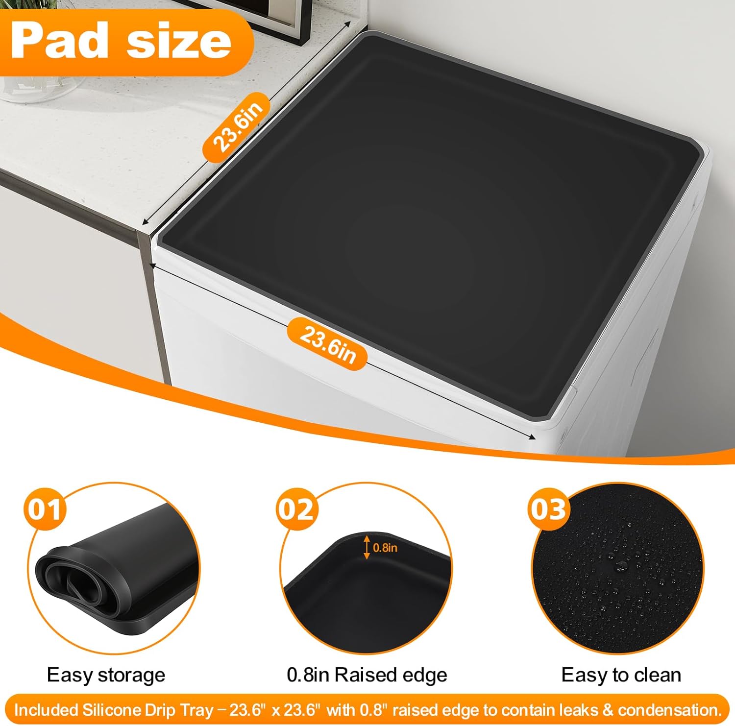 Universal Adjustable Mini Fridge Stand with Silicone Drip Tray 4 Strong Feet 23.6"x23.6" Mat for Small Refrigerators Portable Washer Dryer Air Conditioner Dorm Black