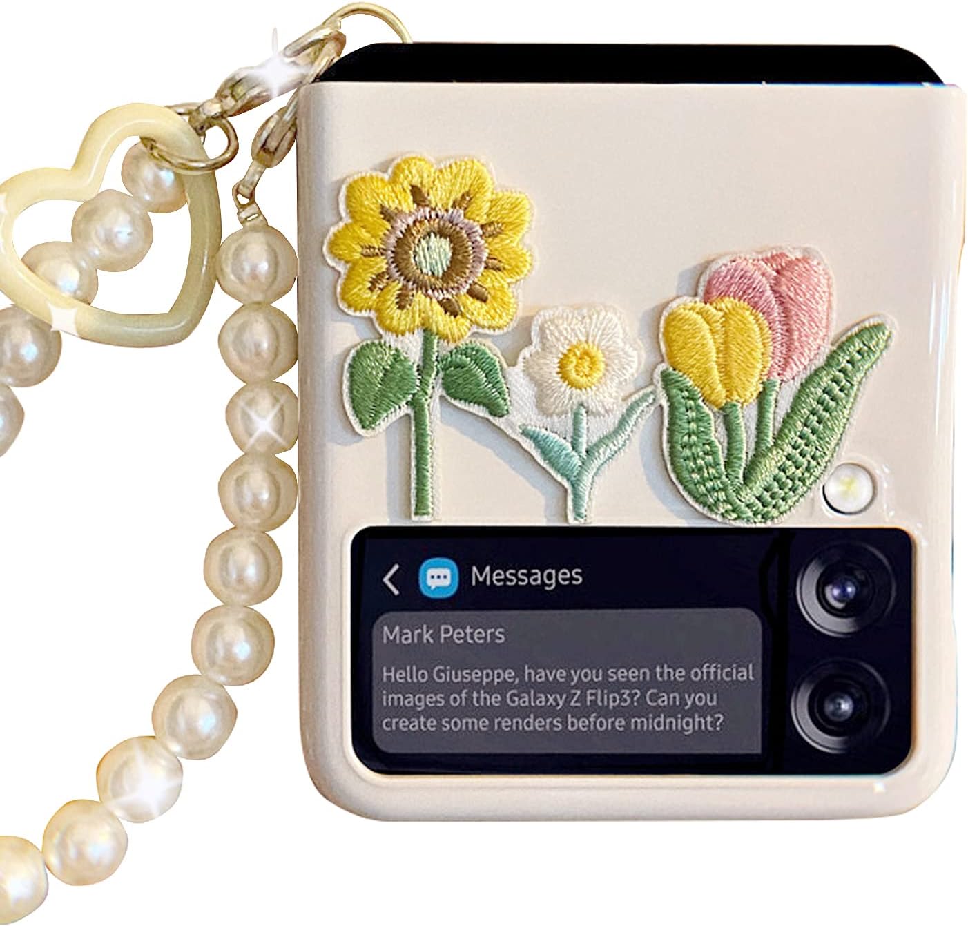 WENKEE Galaxy Z Flip 3 Case with Cute Embroidery Flowers, Slim Hard Cover for Women with Shockproof Non-Slip Protective for Samsung Galaxy Z Flip 3 5G 2021
