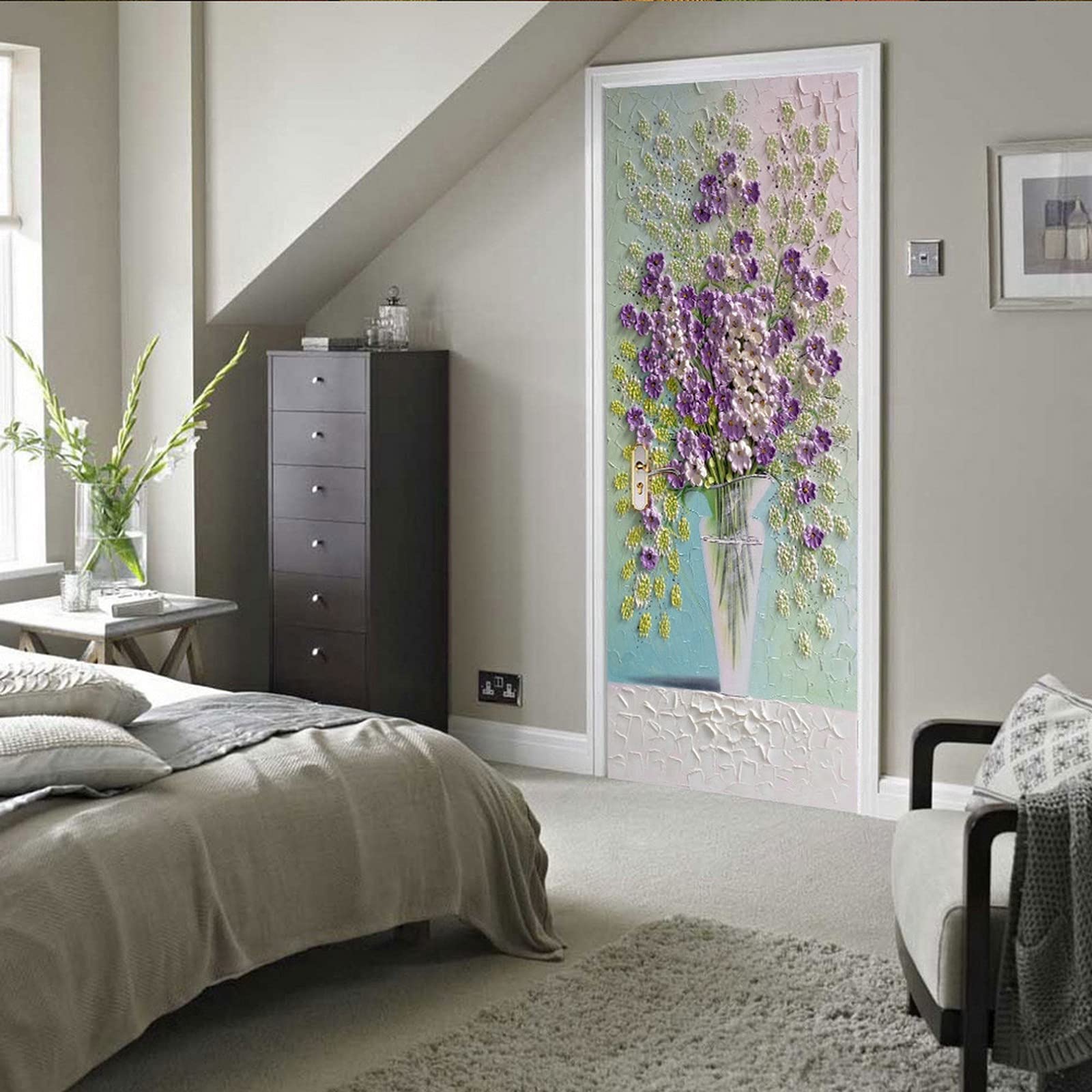 A.Monamour Adesivo Porta Autoadesiva Fiori Viola In Un Vaso Pittura Murale 3D Effetto Arte Astratta Vinile PVC Adesivi per Porte Interne 3D Pellicola Adesiva Poster Sticker Murale Parete