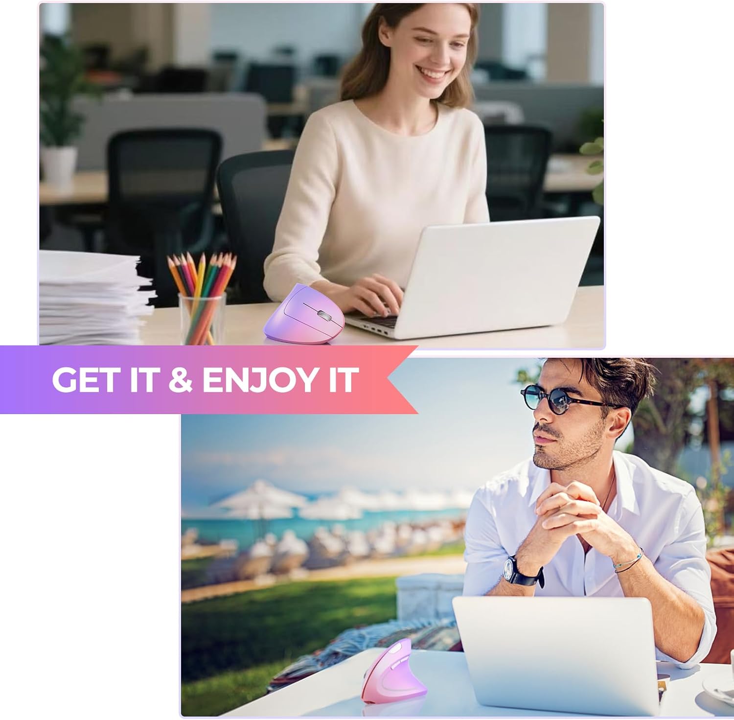 Lekvey Ergonomic Mouse, USB C Wireless Vertical Mouse, Dual Mode Rechargeable USB-A & Type-C Ergo Mouse, 1600 DPI, Relieves Wrist Pain and Carpal Tunnel, for Laptop Computer Mac MacBook, Pink Purple