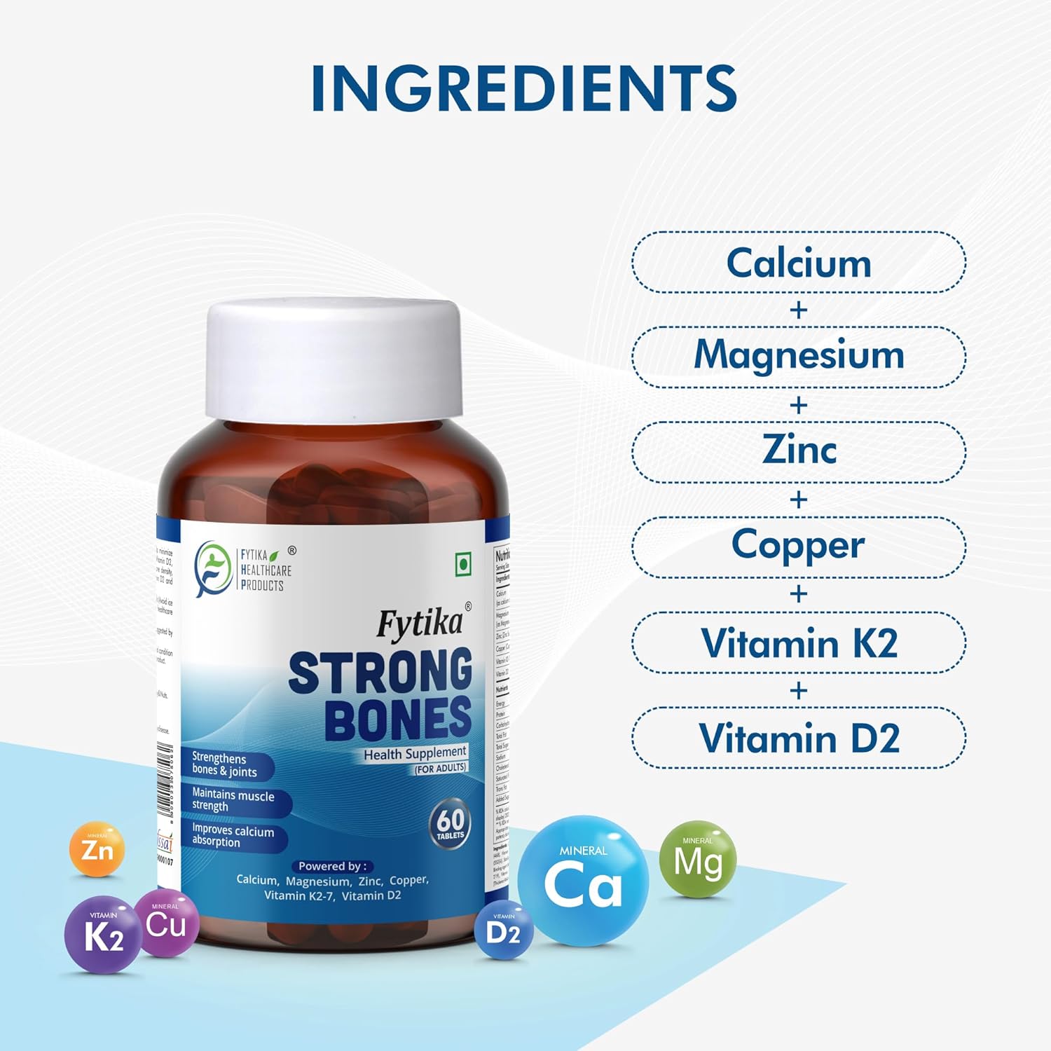 FYTIKA HEALTHCARE PRODUCTS Strong Bones Tablet|Calcium 1000Mg+Vitamin D3 400Iu Supplement With Magnesium,Zinc,Coper&Vitamin K2 For Complete Bone,Joint&Muscle Health-Women & Men(Pack Of 1), 100 grams FYTIKA HEALTHCARE PRODUCTS Strong Bones Tablet|Calcium 1000Mg+Vitamin D3 400Iu Supplement With Magnesium,Zinc,Coper&Vitamin K2 For Complete Bone,Joint&Muscle Health-Women & Men(Pack Of 1), 100 grams