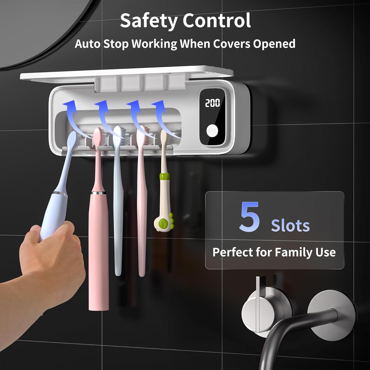 Toothbrush Sanitizer and Holder, UV Toothbrush Sanitizer Holder for Bathroom with 5 Slot, Timer Function, 2000mAh Rechargeable Toothbrush Cleaner Holder Wall Mounted Without Drilling - Image 5