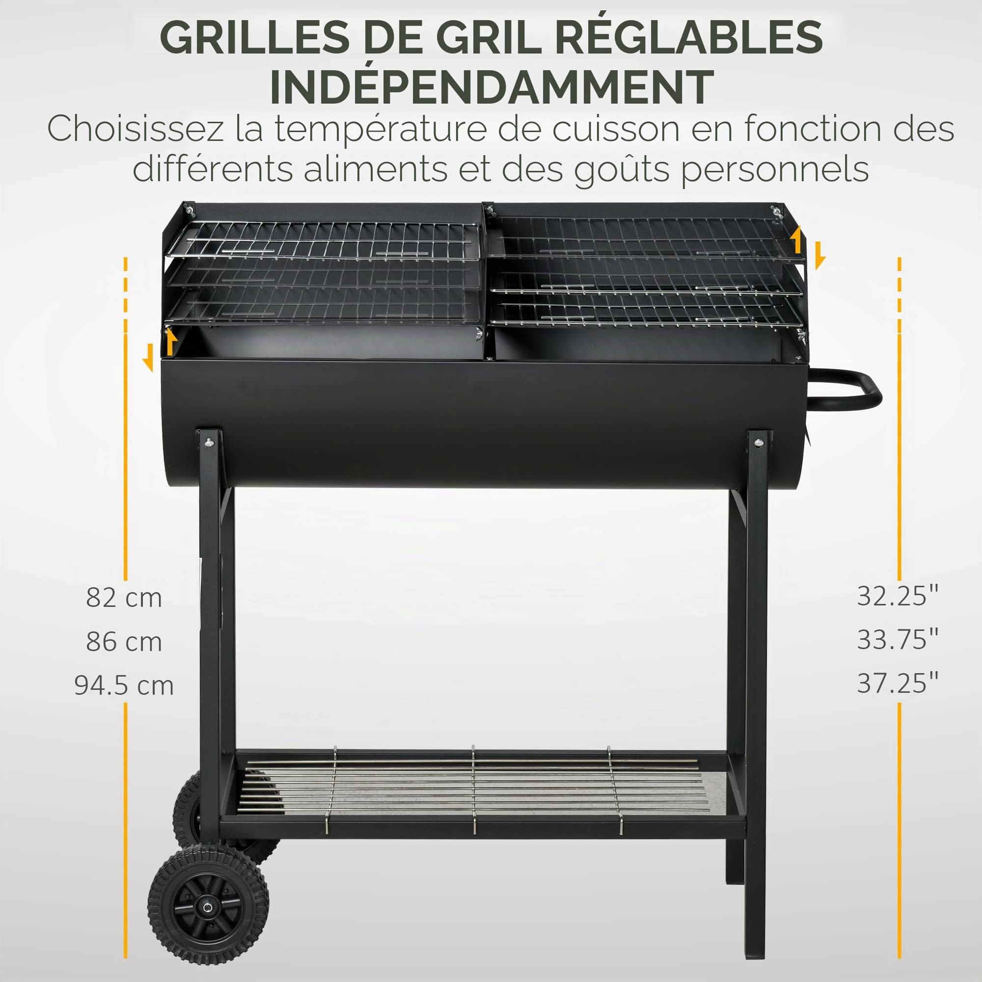 Barbecue en acier Outsunny avec 2 grilles indépendantes, 2 roues et tablette inférieure | Noir | 90cm x 45cm x 96cm