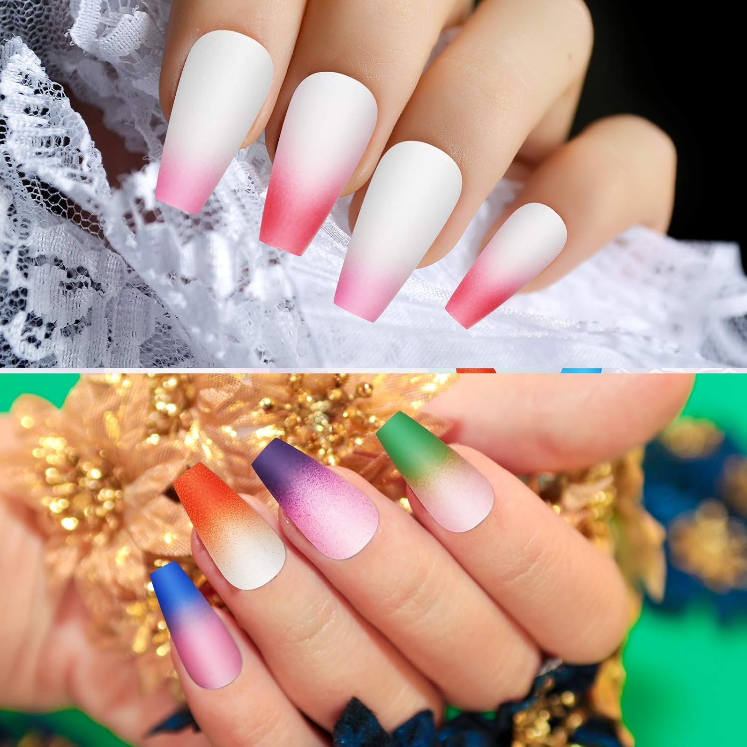 240 Pieces Extra Long Press on Nails Matte Ballerina Long Coffin Fake Nails Solid Color Artificial Nails Full Cover False Nails for Women Girls DIY Nail Art Nail Salon, 10 Colors (Gradient Color)