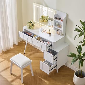 White Makeup Vanity Desk with Mirror and Lights, 4 Storage Drawers & Stool Girls Vanity Desk Set, 3 Color Modes Adjustable Brightness Dressing Table for Bedroom White C