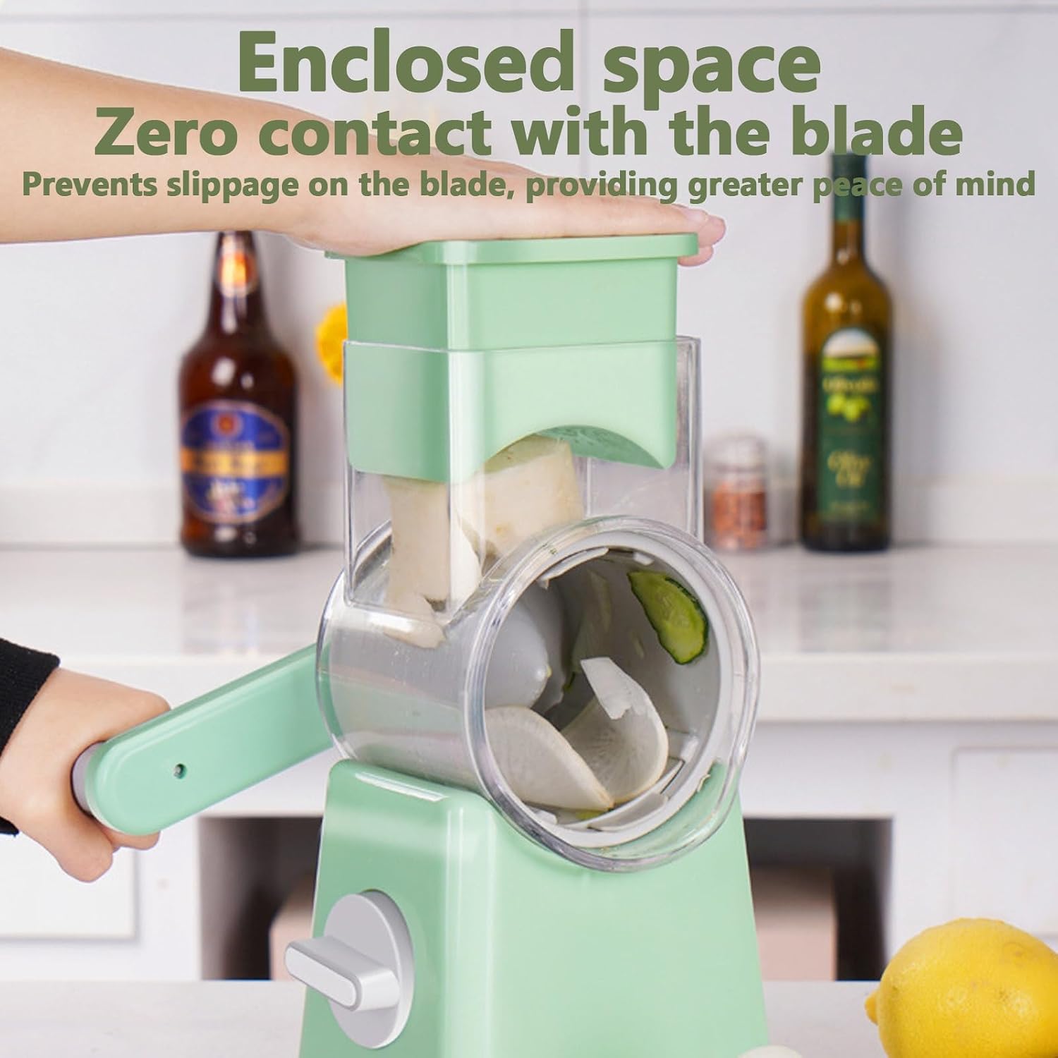 6-in-1 Cheese Grater Hand Crank,Vegetable and Cheese Shredder with Suction Base Rotary Cheeses Grater with Interchangeable Blades for Carrot/Cabbage/Cucumber(White)