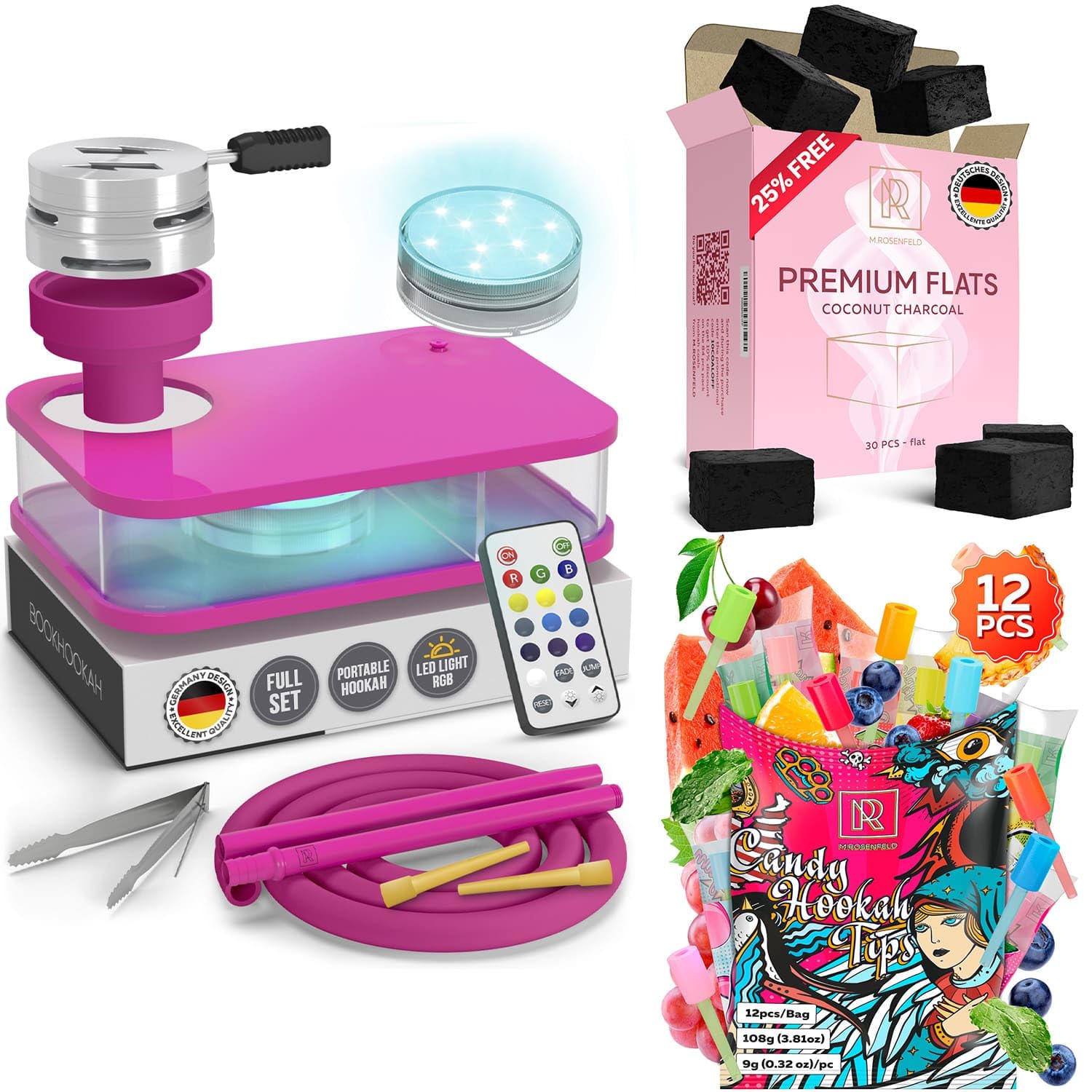Hookah Set With Everything - Premium Pink Hookah Set And Case - Candy Hookah Tips - 12 pcs
