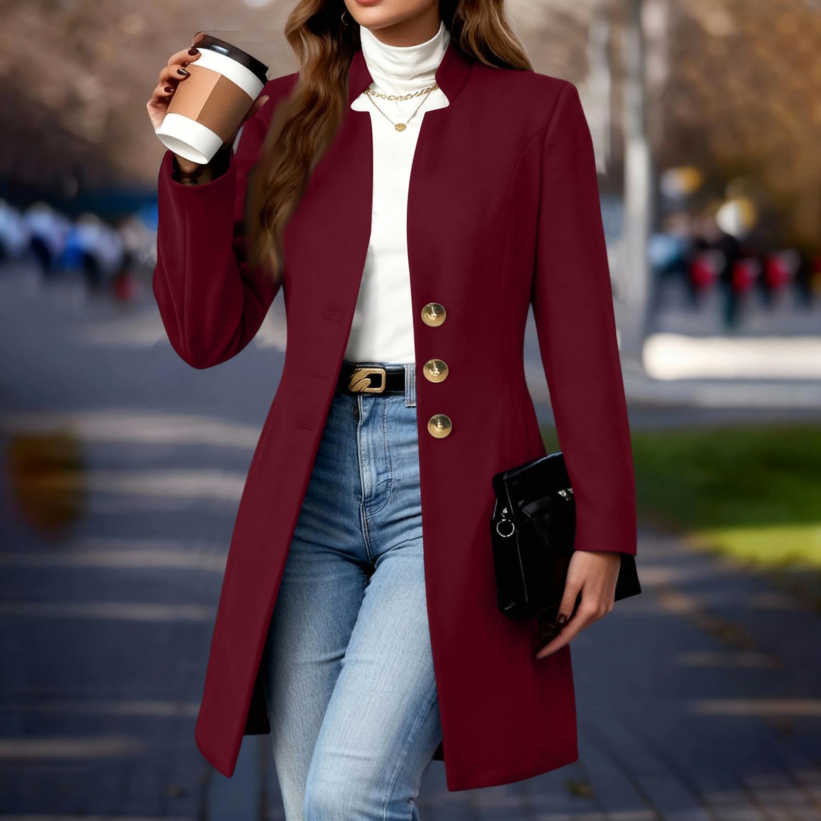 Wollmantel Damen Winter Winterjacke Elegant Wollwalk Jacke Einfarbig | Wintermantel Damen Wolle Tweed Jacke Lang Wintermantel Frauen Winddicht Wolljacke Mit Knöpfen Coat Women Langarm