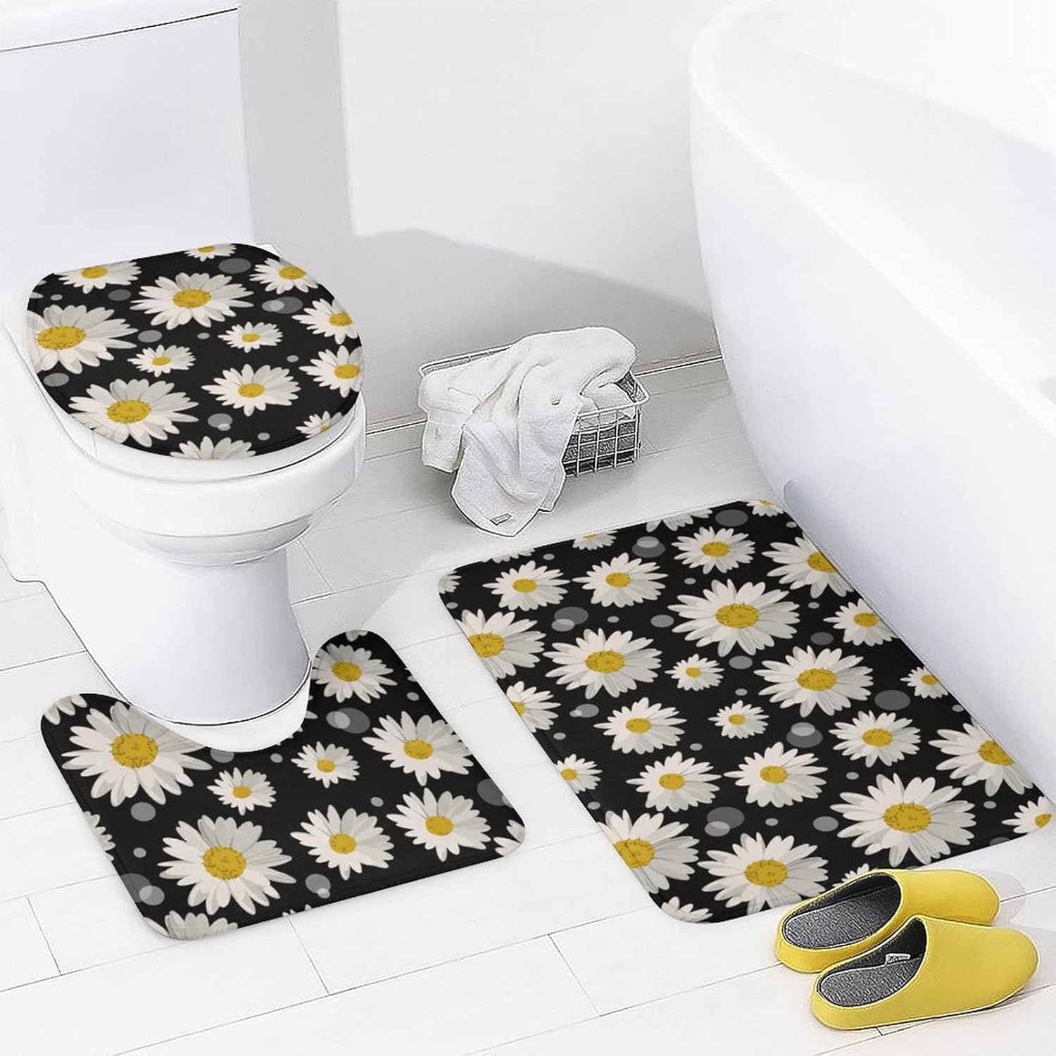White Daisies Circles 4 Piece Bathroom Shower Curtain Sets Include Non-Slip Rug Toilet Lid Cover Bath Mat Shower Curtain Decor