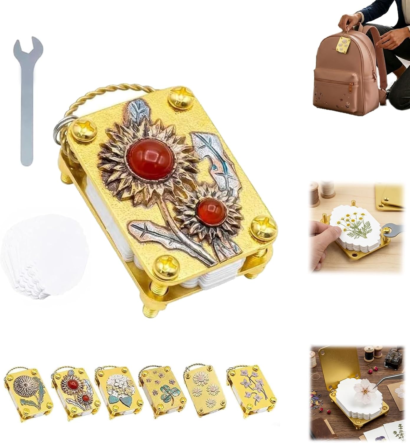 Mini Flower Press Keychain, with Full Micro Flower Press Kit, Metal Portable Miniature Flower Preserving Tool with Secure Straps 20 Reusable Specimen Papers for Scrapbooking (#E,1 PCS)