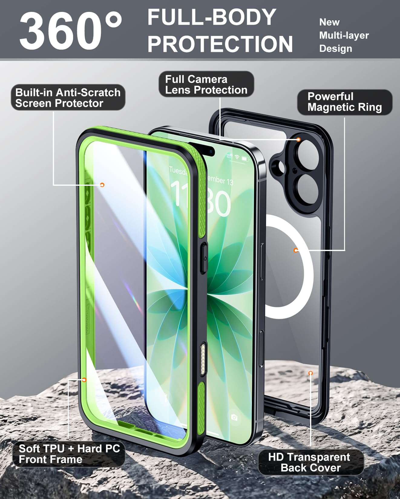 Custodia impermeabile progettata per iPhone 17, verde/trasparente