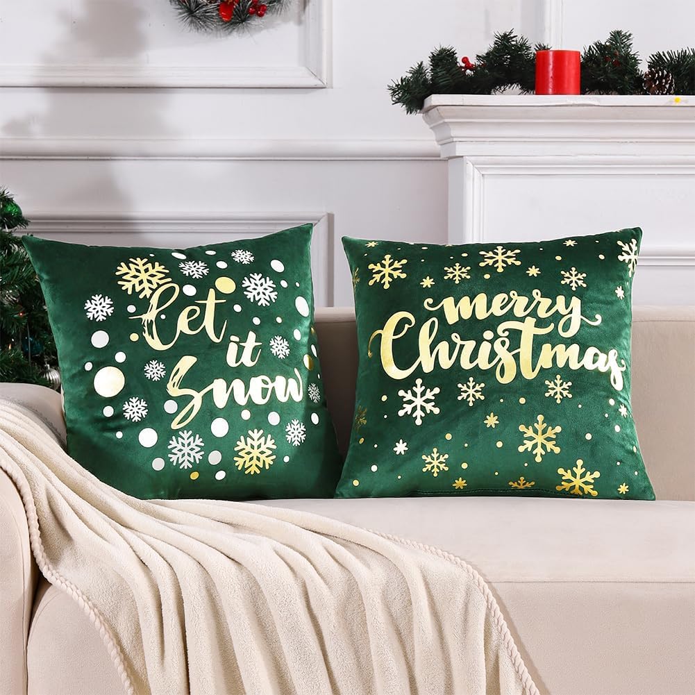 JOJOGOGO Christmas Decorations - Green & Gold Christmas Pillow Covers Set of 4, Merry Christmas Tree Decorative Throw Pillows 18 x 18 for Home