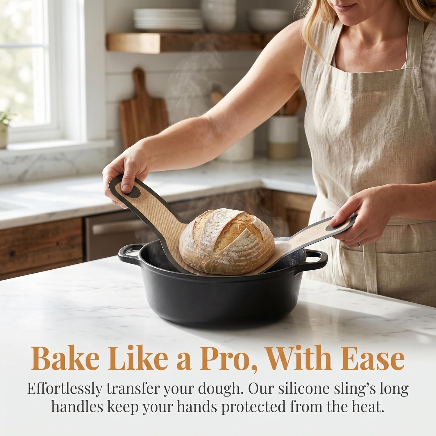 Cabilock Silicone Baking Mat with Long Handles, Reusable Sourdough Bread Sling, Heat Resistant Dutch Oval Liner Baking Mat for Home Use Easy Dough Transfer