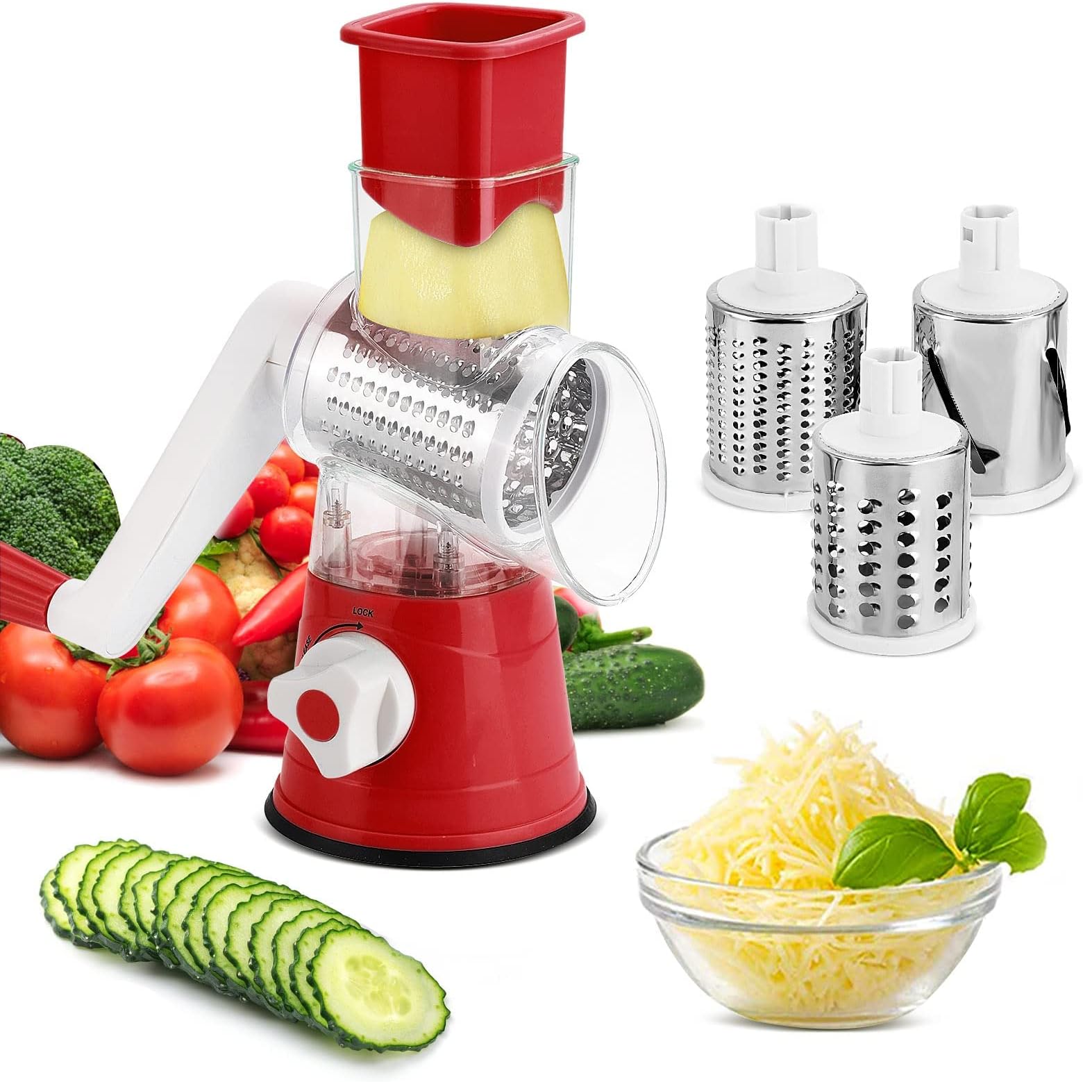 Rotary Cheese Grater Rotary Vegetable Slicer Manual Round Mandoline Vegetable Slicer with 3 Interchangeable Blades for Potato, Carrot, Garlic, Walnut (Red)