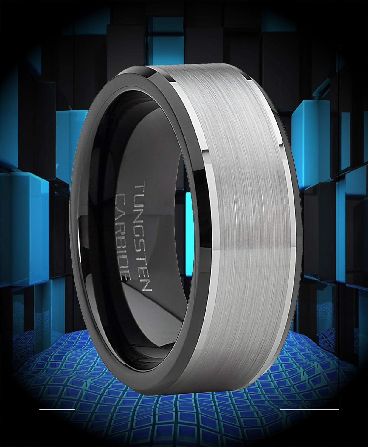 Metal Masters Co. Men's Tungsten Carbide Wedding Band Flat Top Brushed Two Tone Black Ring 8mm