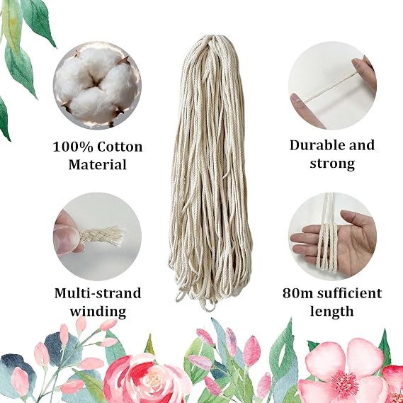 5mm x 295ft Macrame Cord Sky Blue Braided Cotton Rope, 8 Strand Natural Cotton String for DIY Crafting, Wall Hanging, Plant Hangers, Gift Wrapping, and Handmade Decorations(Beige)