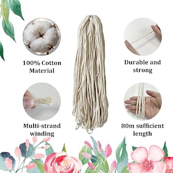 5mm x 295ft Macrame Cord Sky Blue Braided Cotton Rope, 8 Strand Natural Cotton String for DIY Crafting, Wall Hanging, Plant Hangers, Gift Wrapping, and Handmade Decorations(Beige)