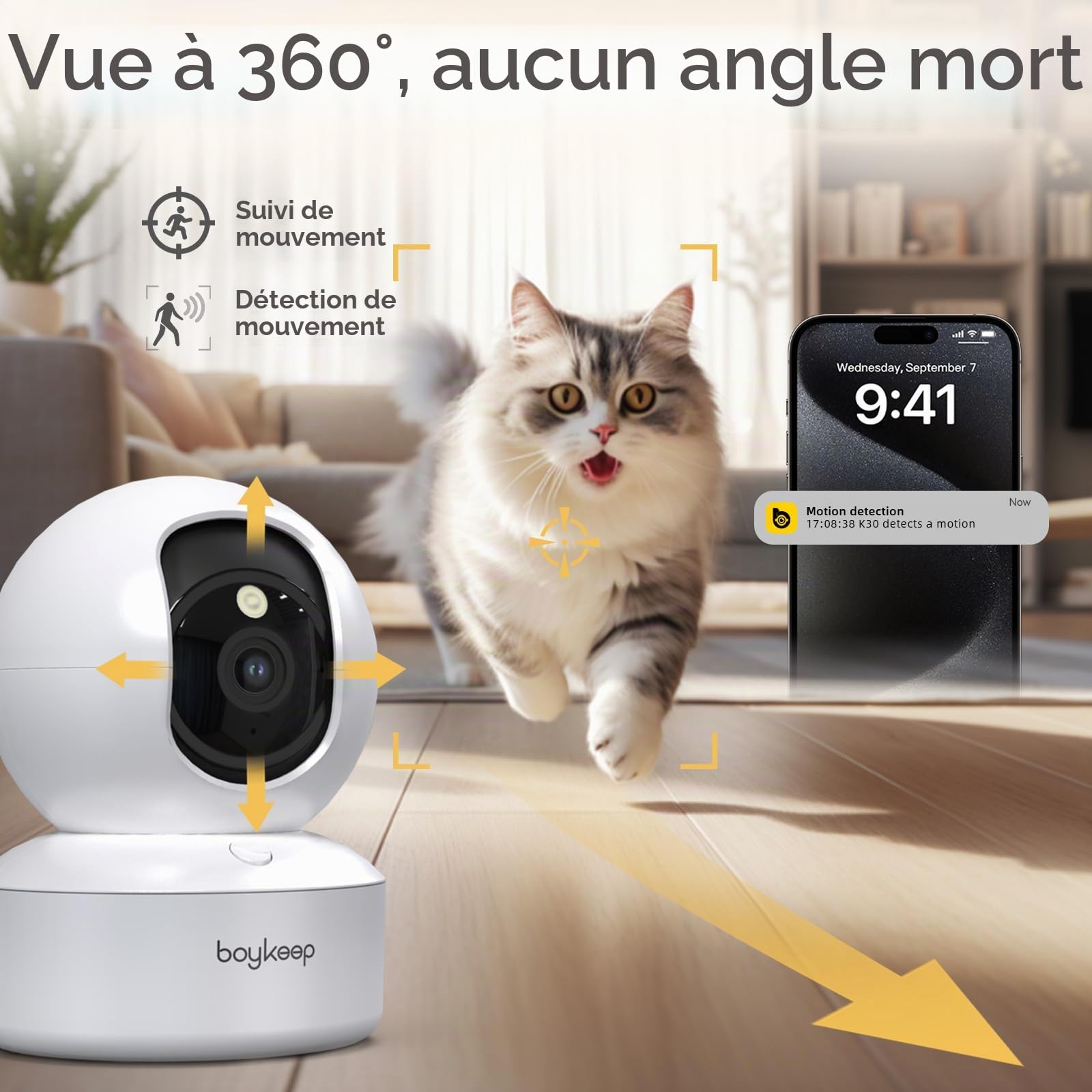 BoyKeep Caméra pour Animal de Compagnie, caméra pour Chien 2K 3 MP, caméras WiFi 360° avec Application, caméra de sécurité intérieure sans Fil pour bébé, Chat, Chiot, vidéosurveillance, Audio