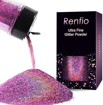 Renfio Holographic Ultra Fine Pinkish Glitter Powder Metallic Resin Glitter | 2.11 Oz 60g PET Flakes Crafts Sequins 1/128" 0.008" 0.2mm Epoxy Chips Flakes for Roses Tumblers Slime - Laser Pinkish