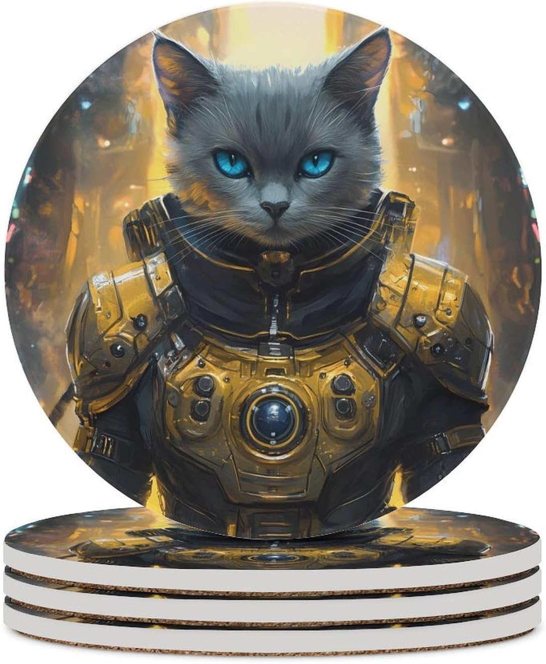 Cat Soldier Funny Round Ceramic Coasters for Drink Absorbent Cup Holders Tabletop Protection