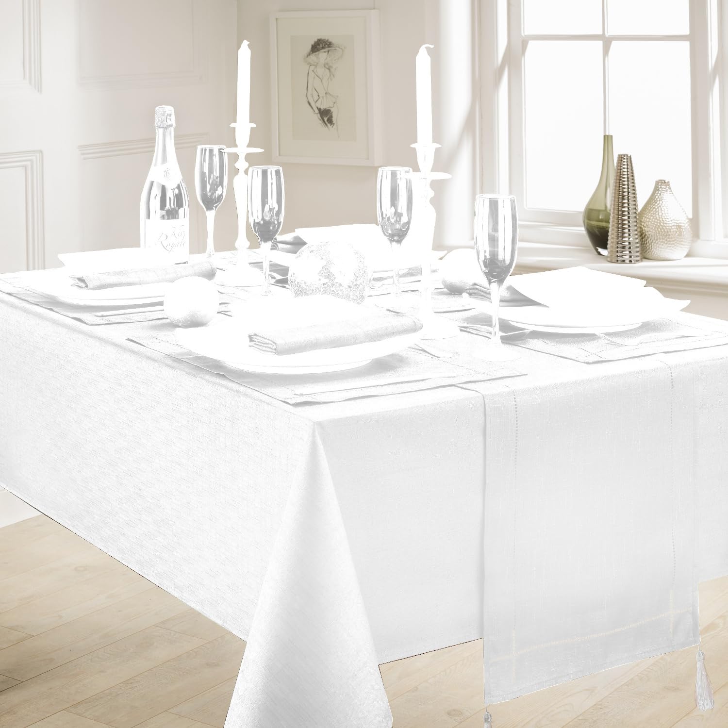 70" x 108" Linen Look White Tablecloth, Oblong Kitchen Dinner Fabric Cover