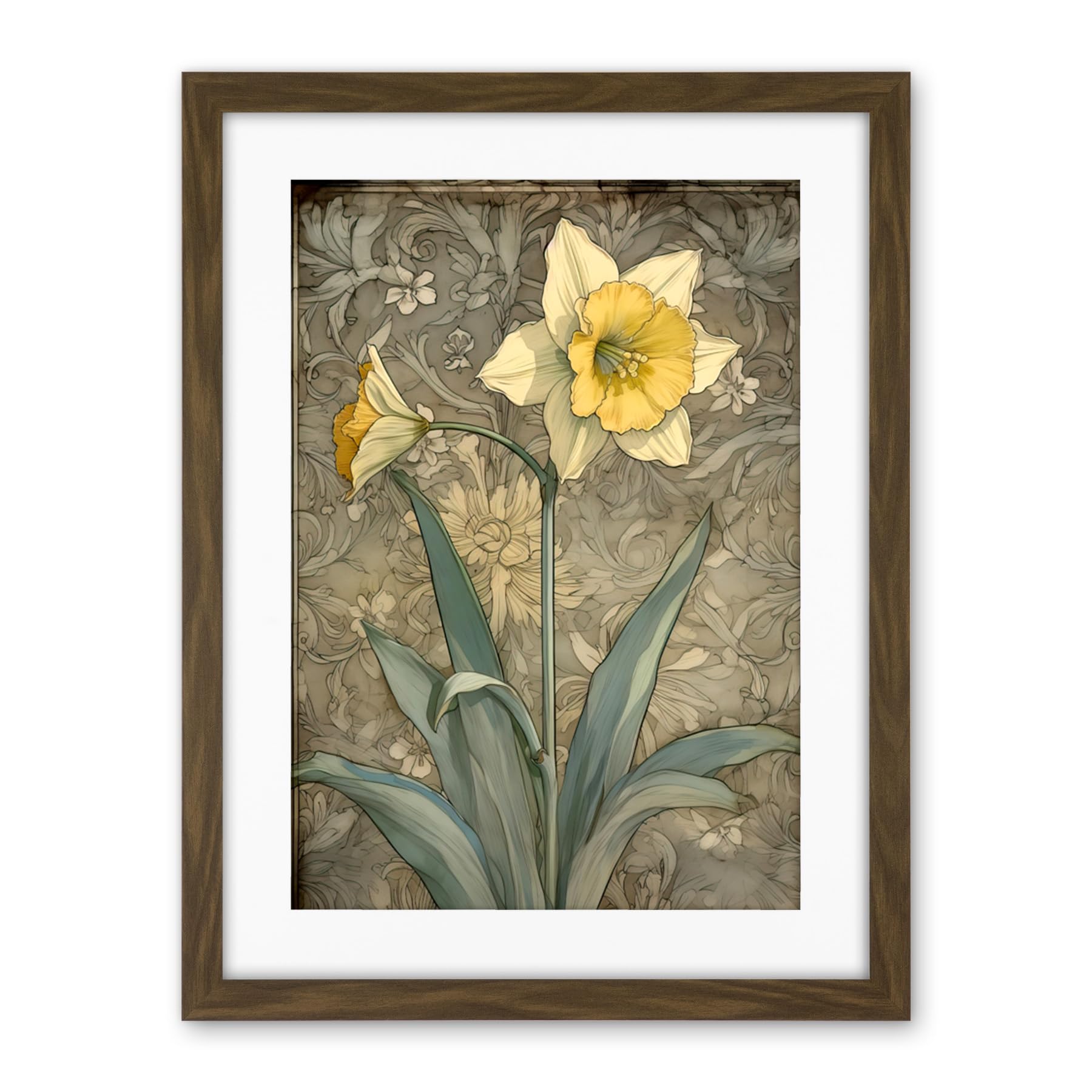 Artery8 Daffodil Flower Pastel Watercolour Art Nouveau Artwork Framed Wall Art Print 18X24 Inch