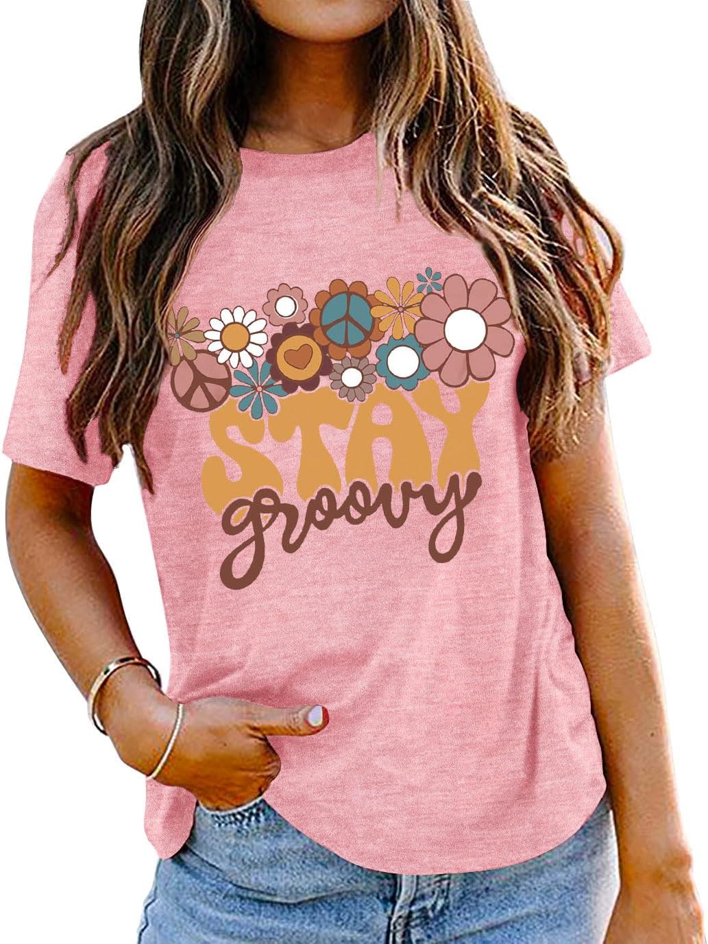 Stay Groovy Shirt for Womens:Hippie 70s T-Shirt Cute Hippie 70s T-Shirt Casual Short Sleeve Tee Tops