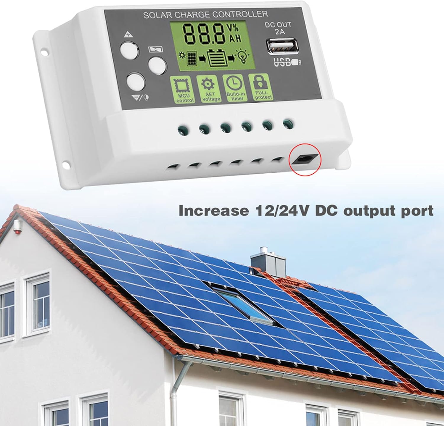 Diagram showing the solar charge controller connected to solar panels and a battery, indicating a DC output port.