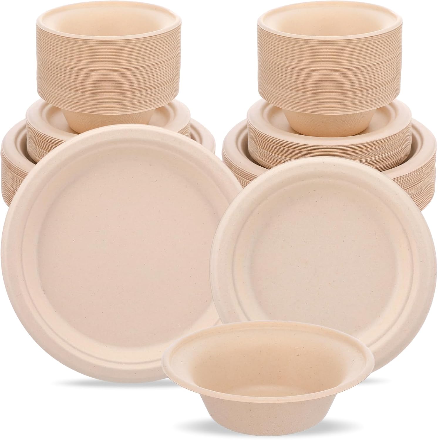 Kifmurase 150Pcs Compostable Paper Plates and Bowls Set, 7 Inch 9 Inch Disposable Paper Plates, 12OZ Bowls for Party Dinner, Bagasse Natural Eco-Friendly Sugarcane