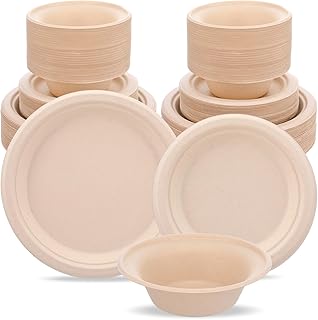 150Pcs Compostable Paper Plates and Bowls Set, 7 Inch 9 Inch Disposable Paper Plates, 12OZ Bowls for Party Dinner, Bagasse Natural Eco-Friendly Sugarcane