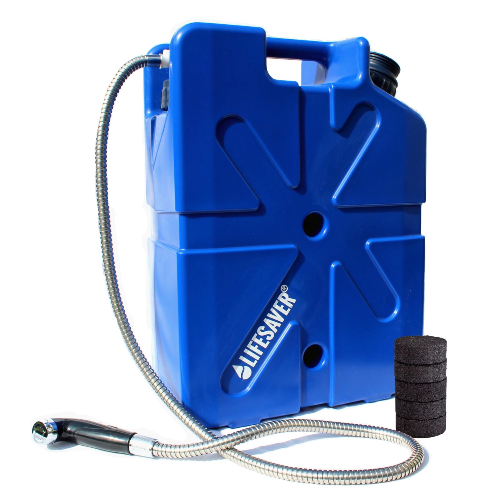 LifeSaver® Jerrycan Starter Pack | 20,000 litre Water Purifier with Shower Attachment and Spare Carbon Filters | Camping, Overlanding, Vanlife, Caravanning & Prepping (Blue)