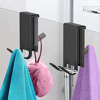 Double-Sided Over The Door Hooks 2-Pack - for Frameless Glass Showers, Heavy Duty No Drill Organizer for Towels Robes, Space Saving Black