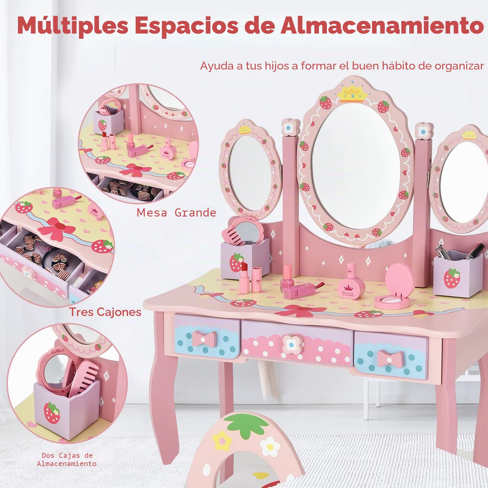 LIFEZEAL Tocador Infantil con Espejo, Juego de tocador de Maquillaje con Taburete, Mesa de Madera con Espejo extraíble, Escritorio con 3 cajones y 2 Cajas para niñas 3 años（Rosa）