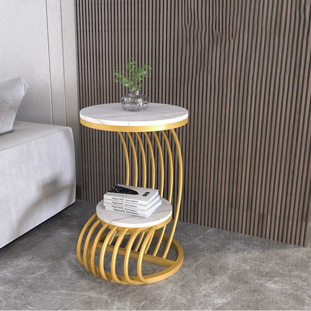 Side Table/End Table,Modern Bedside Cabinet Round Coffee Table with 1-Shelf, Slate Edge Top with Metal Frame Living Room Sofa Corner Table 17.7x23.6 Inches