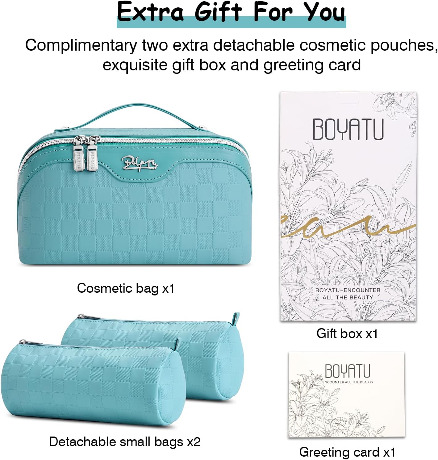 BOYATU Travel Makeup Bag Organizer Cosmetic Bag: 3 Pcs Set Make up Bags for Women with Handle - Waterproof Vegan Leather Toiletry Bags Travel Essentials Pouch with Compartments (01-C-Blue) - Image 7