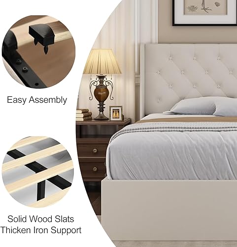 Miniatura 4 de 4 EVER WINNER Cama de almacenamiento elevable tamaño Queen, marco de cama tapizado de lino con cabecera moderna con respaldo de ala, almacenamiento