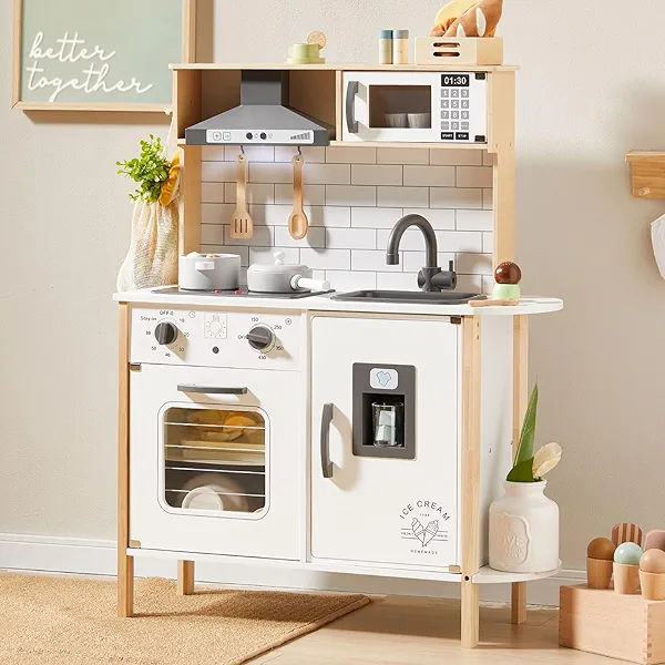 Tiny Land Play Kitchen for Kids, Wooden Kids Play Kitchen Playset Chef Pretend Play Set for Toddlers with Real Lights & Sounds, Toys Kitchen with 18 Pcs Toy Food & Cookware Accessories White