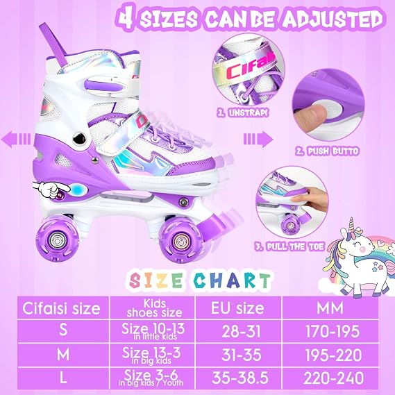 Black Pink Roller Skates for Girls & Boys Kids, Ages 4-13 - 4 Sizes, Light-Up Wheels & Shining Upper Design