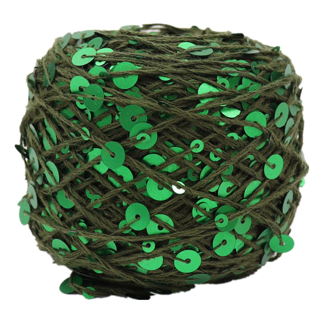 Shimmering Sequin Cotton Yarn 139meter Sparkling Thread Crochet Strings for Headband Beanie Knitting Sweater Weaving DIY Stitch Winter Accessories Rag Doll Clothes (Green)